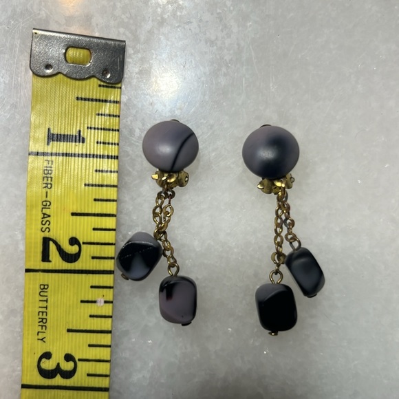 Boho Vintage Austria Signed Purple Marbled Polished Stone Dangle Earrings - Picture 6 of 6